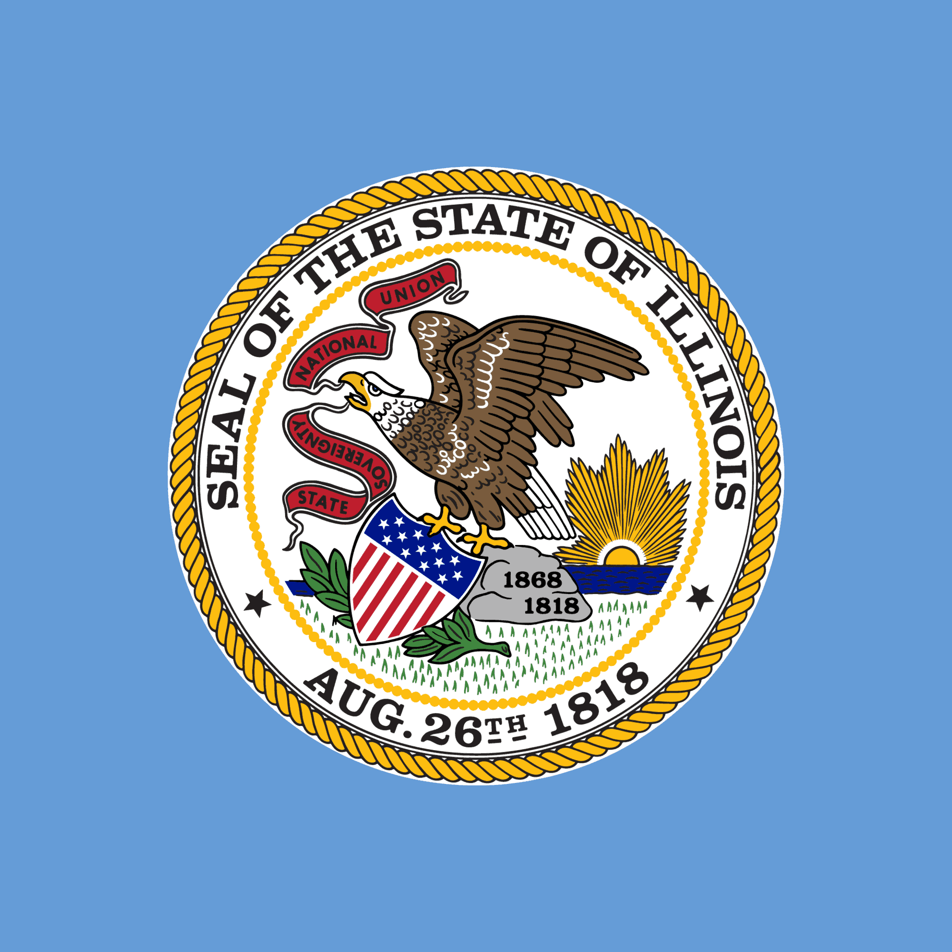 The seal of the state of illinois on a blue background.