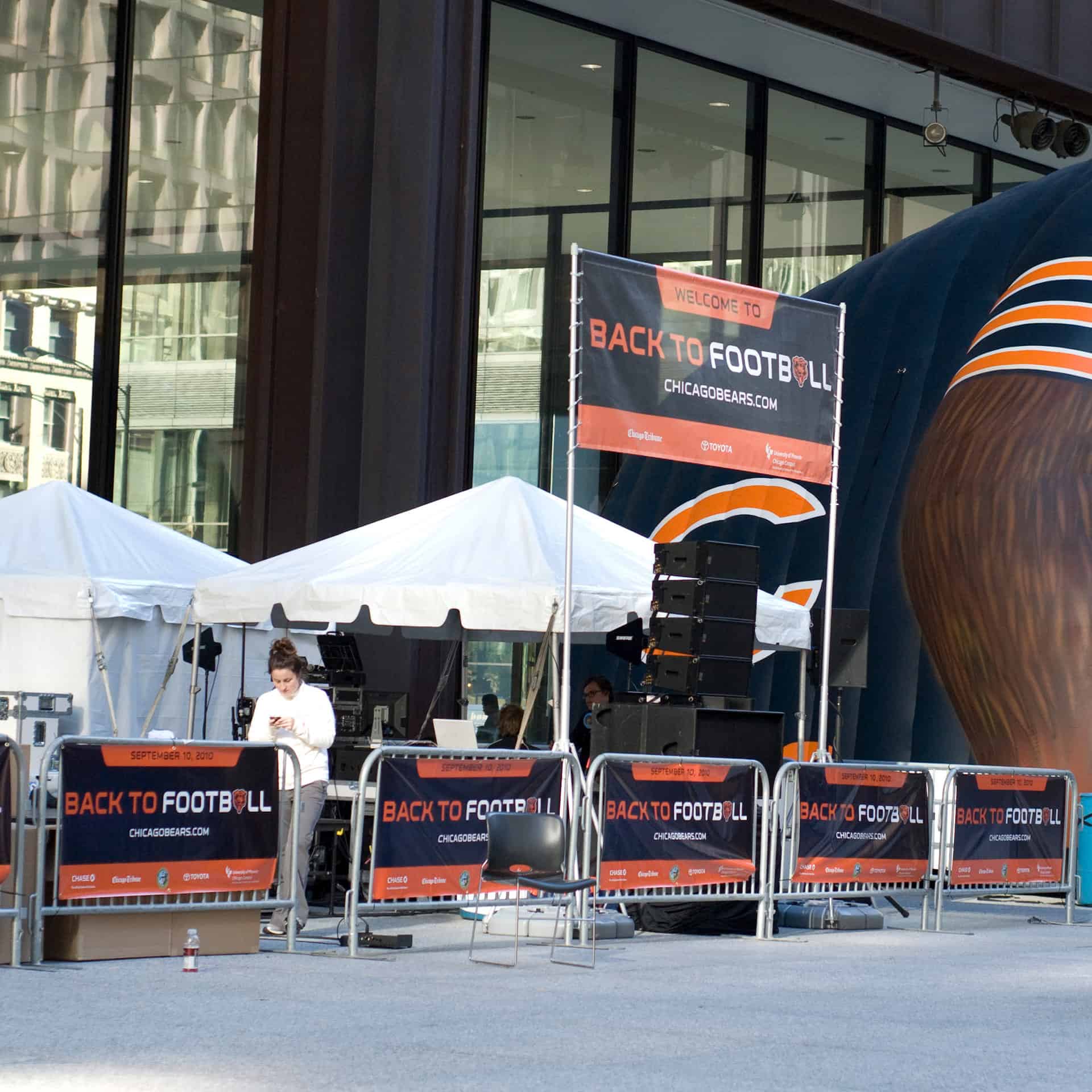 A sharp Chicago Bears inflatable and signage.