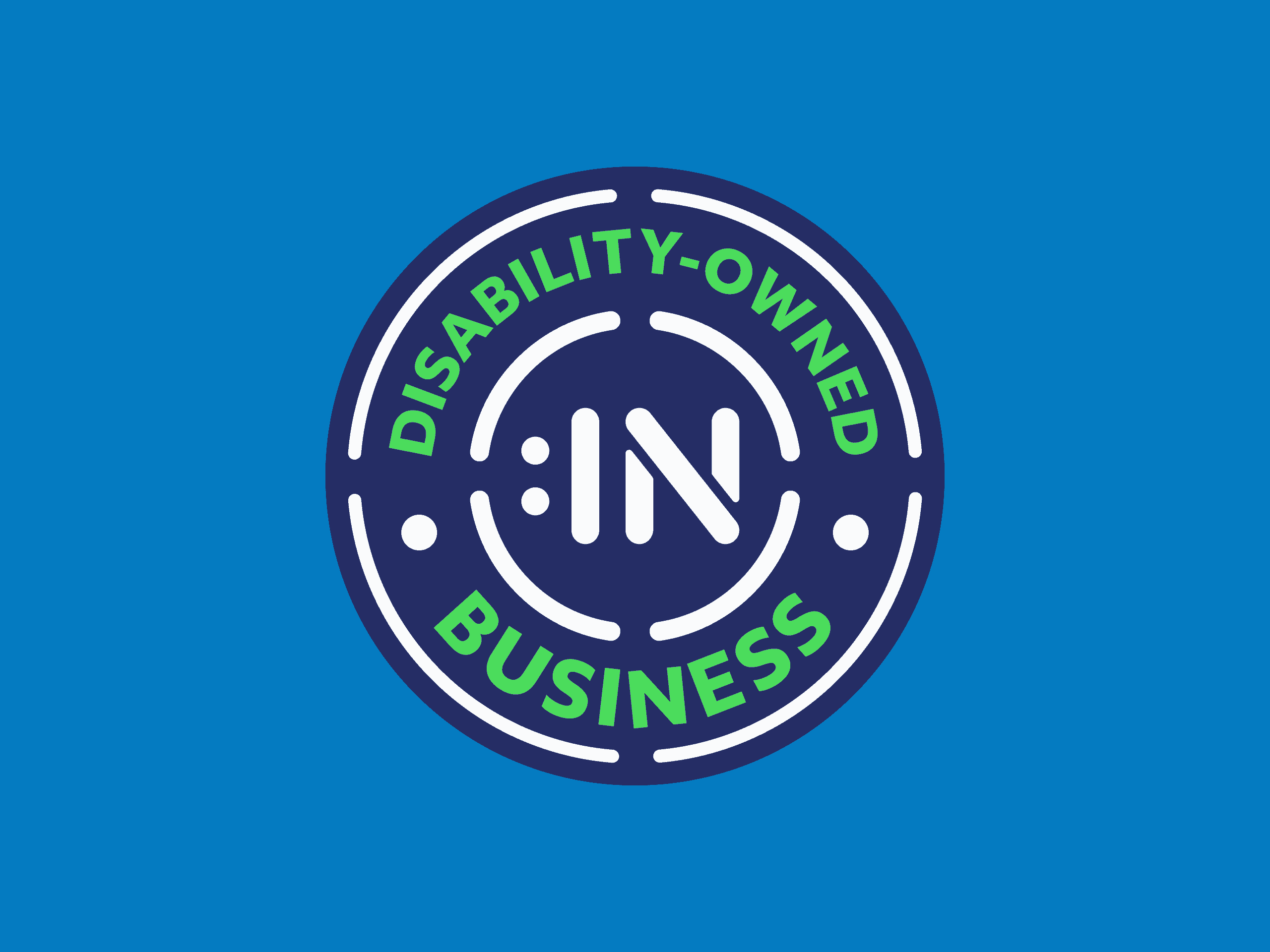 Disability owned business logo on a blue background.
