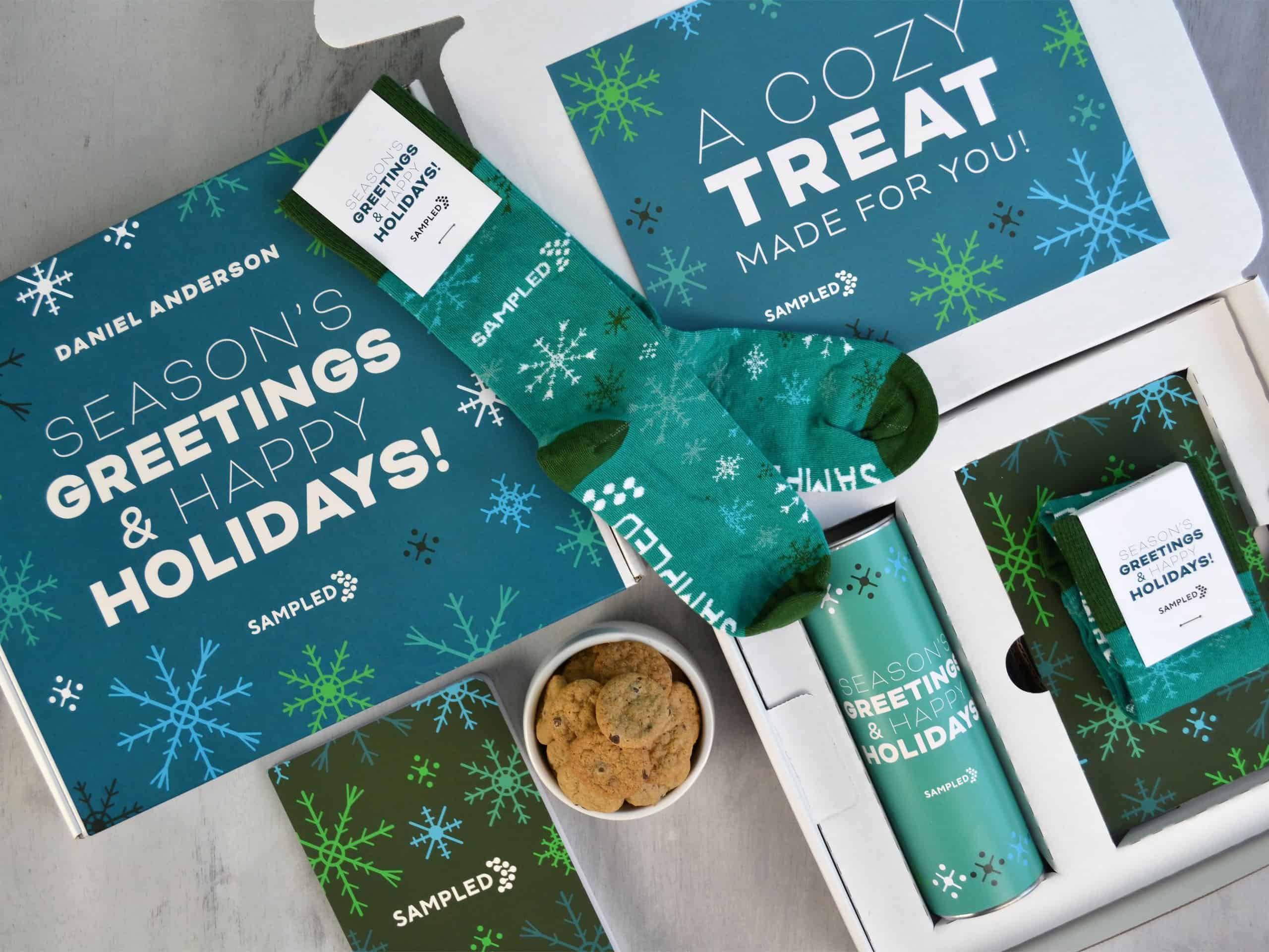 A fulfillment gift box with cookies and a gift card.