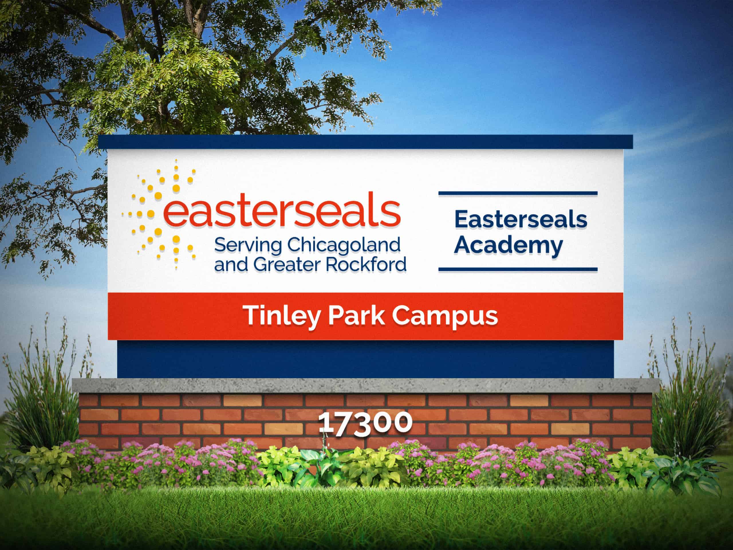 A sign for easter seals academy in tiley park campus.