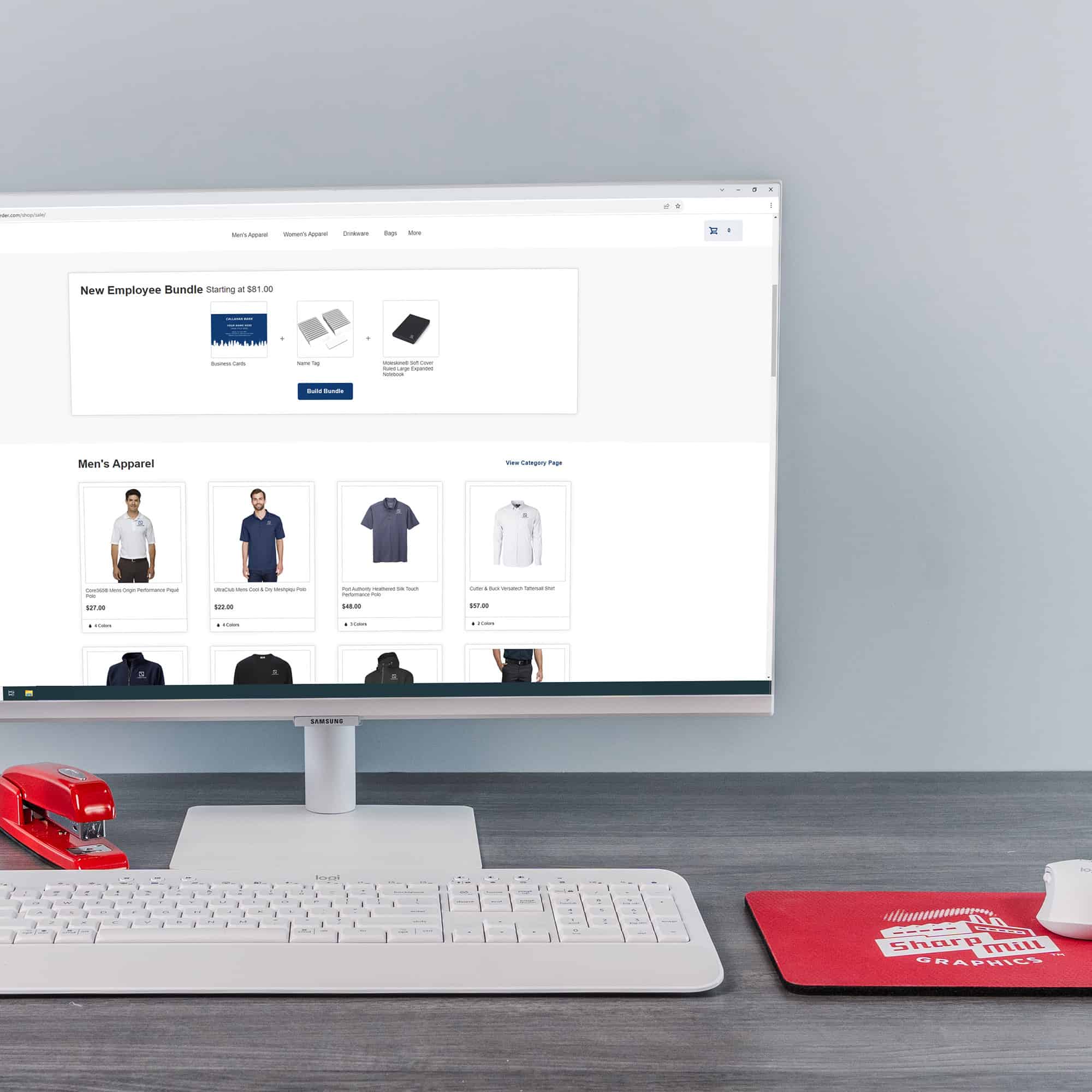 A computer screen showcasing online store with t-shirts for sale.