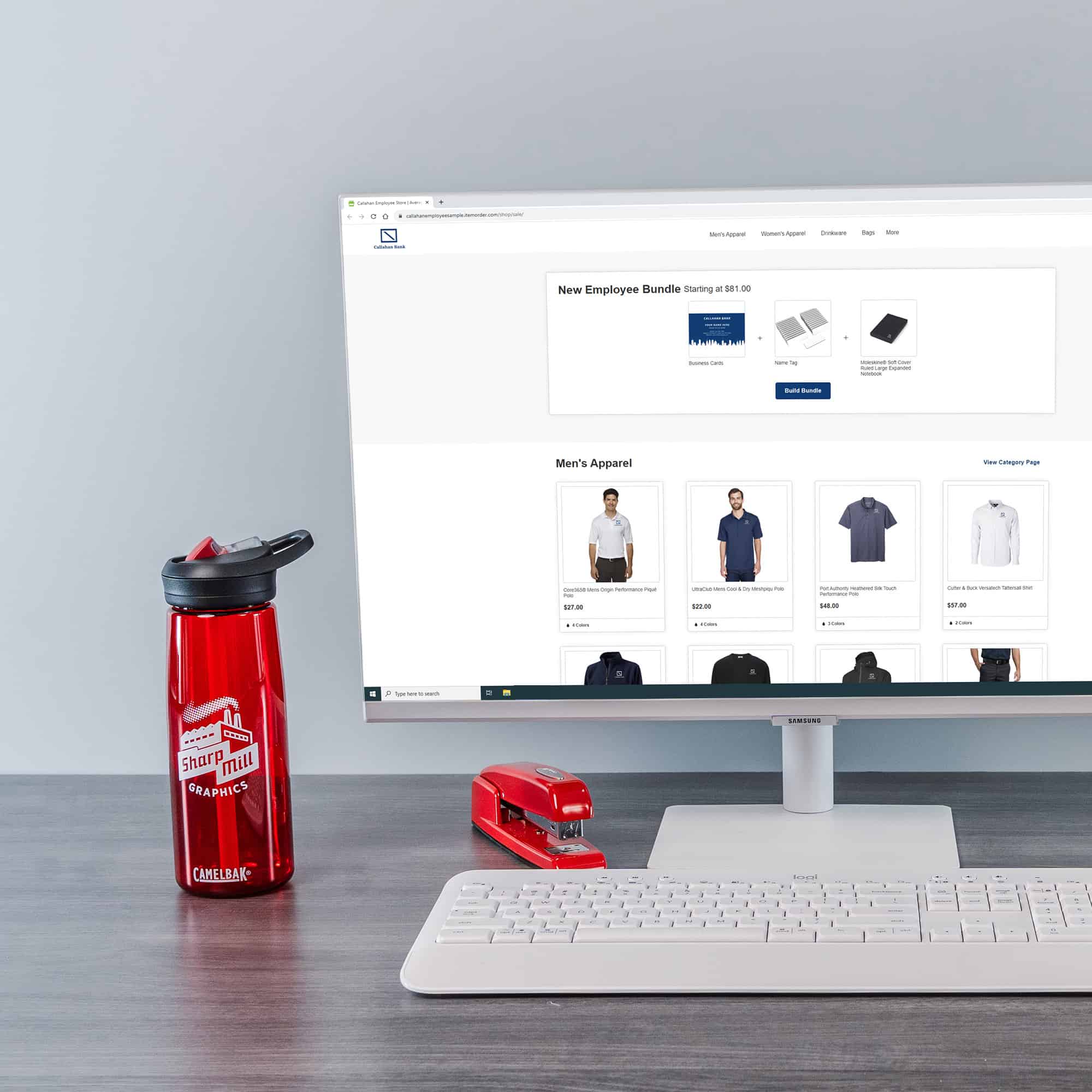 A computer screen displaying a t-shirt and a bottle of water, reflecting the sophisticated Sharp Mill aesthetic.