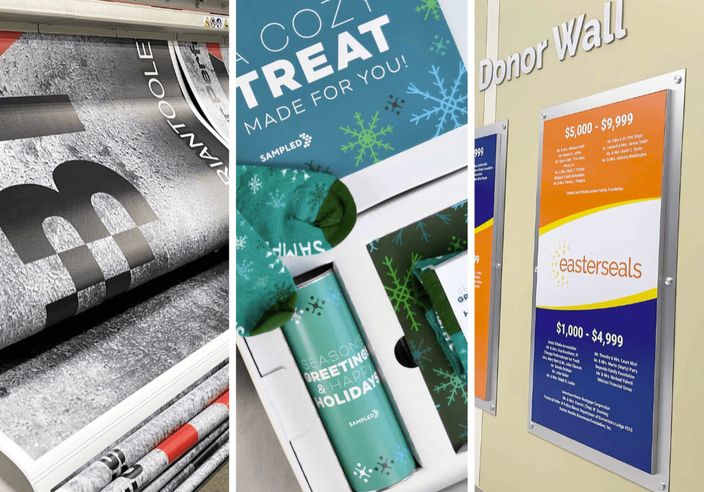 Promotional posters and banners showcasing various products are displayed in a store.